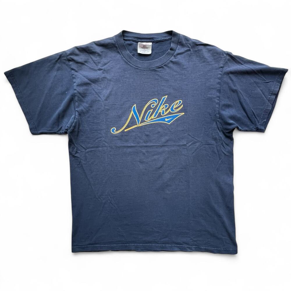 Vintage 90s Nike White Tag Varsity Athletic Script Spellout T Shirt Faded Blue